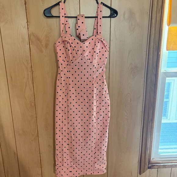 Blush Pink with Black Polka Dots Maneater Wiggle Dress by Vixen by Micheline Pit - Picture 2 of 4